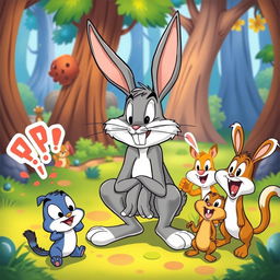 A cartoon-style illustration of Bugs Bunny humorously squatting in a vibrant, animated forest setting, surrounded by playful forest creatures reacting with exaggerated surprise