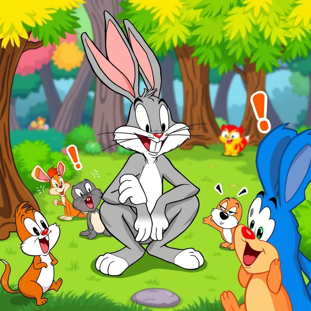 A cartoon-style illustration of Bugs Bunny humorously squatting in a vibrant, animated forest setting, surrounded by playful forest creatures reacting with exaggerated surprise