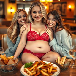 A cute, thin-faced, beautiful girl with long flowing blonde hair is sitting joyfully in front of a plate of delicious food