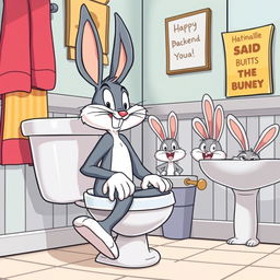 A comedic cartoon-style illustration of Bugs Bunny sitting on a classic cartoon toilet in a lighthearted bathroom setting