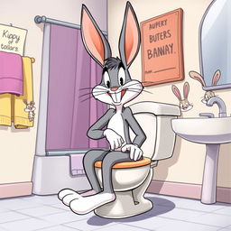 A comedic cartoon-style illustration of Bugs Bunny sitting on a classic cartoon toilet in a lighthearted bathroom setting