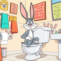 A comedic cartoon-style illustration of Bugs Bunny sitting on a classic cartoon toilet in a lighthearted bathroom setting