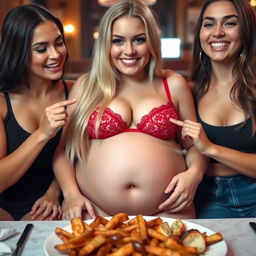 A cute, thin-faced, beautiful girl with long flowing blonde hair, showcasing a wide pot belly and large, soft breasts, is happily seated in front of a plate of delicious food