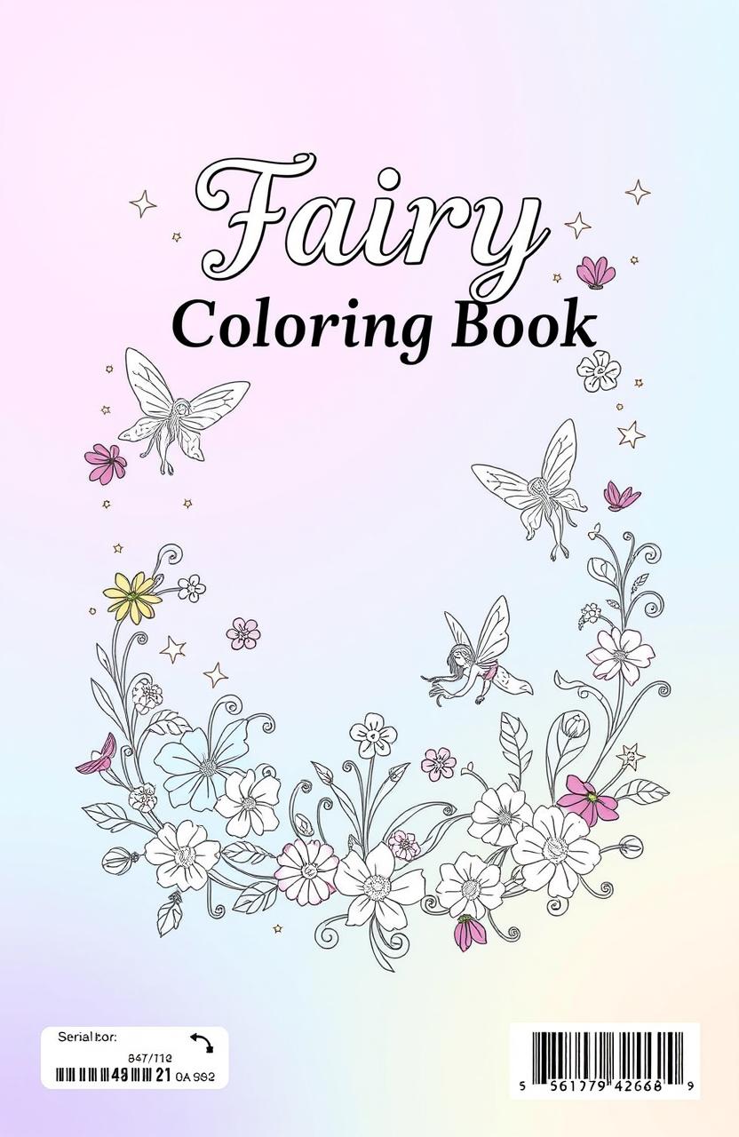 A whimsical fairy coloring book cover, featuring an intricate, enchanting design filled with fairies, flowers, and magical elements