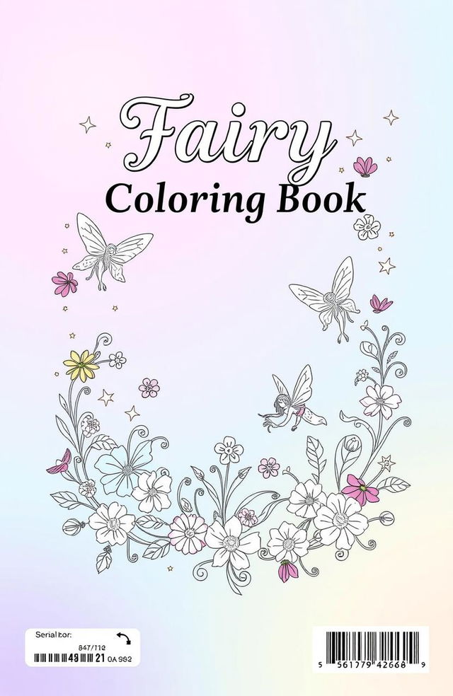 A whimsical fairy coloring book cover, featuring an intricate, enchanting design filled with fairies, flowers, and magical elements