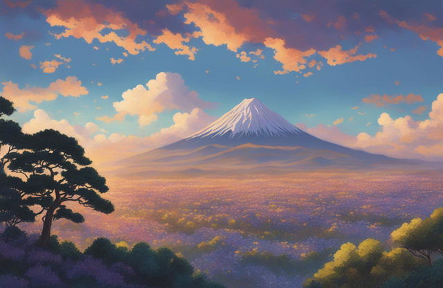 An ultra-detailed, high-definition, impressionistic painting of Arakurayama Sengen Park at sunset, in the style of Makoto Shinkai