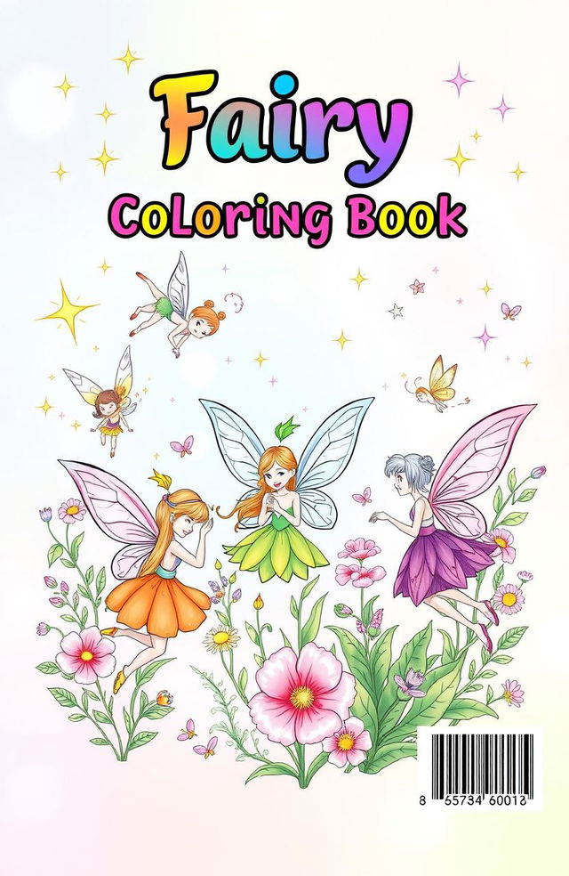 A whimsical fairy coloring book cover featuring enchanting fairies surrounded by magical elements such as sparkling stars, blooming flowers, and lush greenery