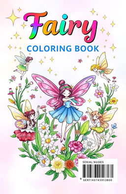 A whimsical fairy coloring book cover featuring enchanting fairies surrounded by magical elements such as sparkling stars, blooming flowers, and lush greenery