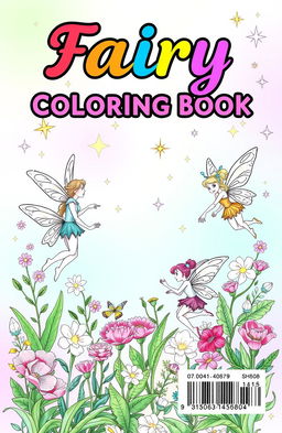 A whimsical fairy coloring book cover featuring enchanting fairies surrounded by magical elements such as sparkling stars, blooming flowers, and lush greenery