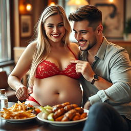 A cute, thin-faced, beautiful girl with long blonde hair, showcasing a notable wide pot belly and large, soft breasts, is playfully seated in front of a plate of delicious food