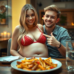A cute, thin-faced, beautiful girl with long blonde hair, showcasing a notable wide pot belly and large, soft breasts, is playfully seated in front of a plate of delicious food