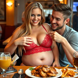 A cute, thin-faced, beautiful girl with long blonde hair, showcasing a notable wide pot belly and large, soft breasts, is playfully seated in front of a plate of delicious food