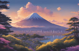 An ultra-detailed, high-definition, impressionistic painting of Arakurayama Sengen Park at sunset, in the style of Makoto Shinkai