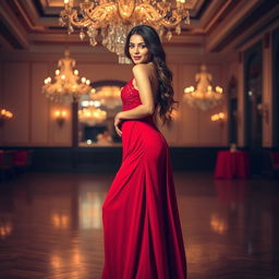 A stunning model wearing a flowing red dress that drapes elegantly around her figure