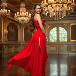 A stunning model wearing a flowing red dress that drapes elegantly around her figure