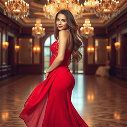 A stunning model wearing a flowing red dress that drapes elegantly around her figure