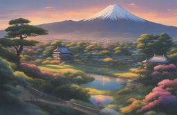 An ultra-detailed, high-definition, impressionistic painting of Arakurayama Sengen Park at sunset, in the style of Makoto Shinkai