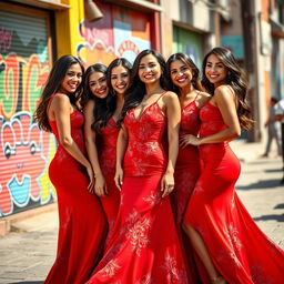 A group of beautiful Latin women wearing vibrant red dresses, showcasing stunning Aguira pro printed patterns