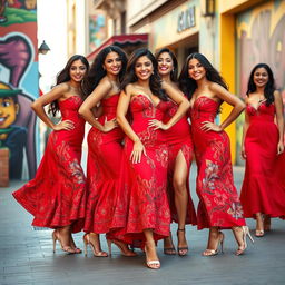 A group of beautiful Latin women wearing vibrant red dresses, showcasing stunning Aguira pro printed patterns