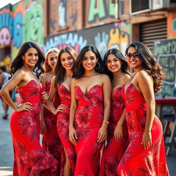 A group of beautiful Latin women wearing vibrant red dresses, showcasing stunning Aguira pro printed patterns