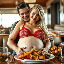 A cute, thin-faced, beautiful girl with long flowing blonde hair is seated happily in front of a plate of delicious food