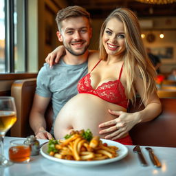 A cute, thin-faced, beautiful girl with long flowing blonde hair is seated happily in front of a plate of delicious food