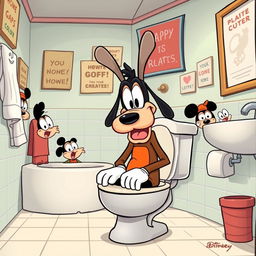 A humorous cartoon-style illustration of Goofy sitting on a classic cartoon toilet in a comical bathroom setting