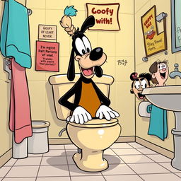 A humorous cartoon-style illustration of Goofy sitting on a classic cartoon toilet in a comical bathroom setting