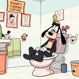 A humorous cartoon-style illustration of Goofy sitting on a classic cartoon toilet in a comical bathroom setting