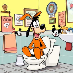 A humorous cartoon-style illustration of Goofy sitting on a classic cartoon toilet in a comical bathroom setting