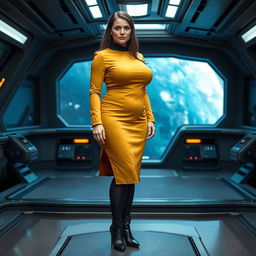 A voluptuous woman wearing a mustard-colored Star Trek-style tunic with a skirt, complemented by black tights, black boots, and a black collar
