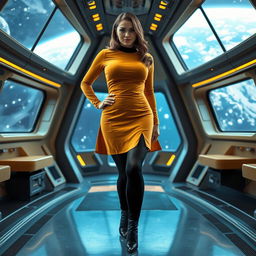A voluptuous woman wearing a mustard-colored Star Trek-style tunic with a skirt, complemented by black tights, black boots, and a black collar