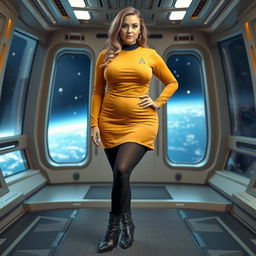 A voluptuous woman wearing a mustard-colored Star Trek-style tunic with a skirt, complemented by black tights, black boots, and a black collar