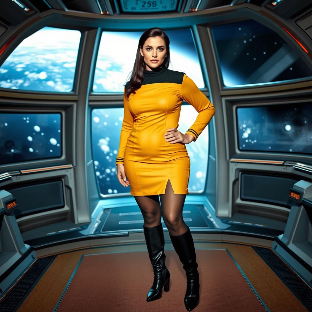 A voluptuous woman wearing a mustard-colored Star Trek-style tunic with a skirt, complemented by black tights, black boots, and a black collar