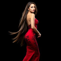 A stunning woman with long flowing hair wearing an elegant red dress featuring intricate Aguira pro professional designs in black