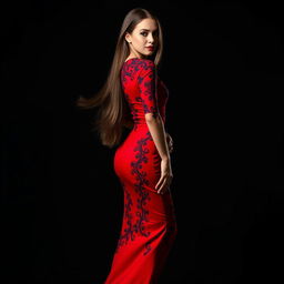 A stunning woman with long flowing hair wearing an elegant red dress featuring intricate Aguira pro professional designs in black