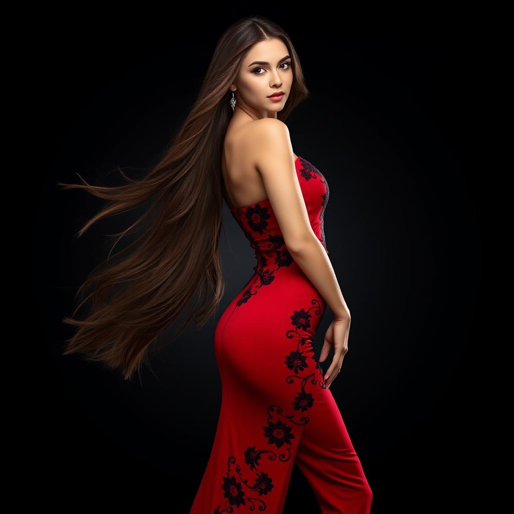 A stunning woman with long flowing hair wearing an elegant red dress featuring intricate Aguira pro professional designs in black