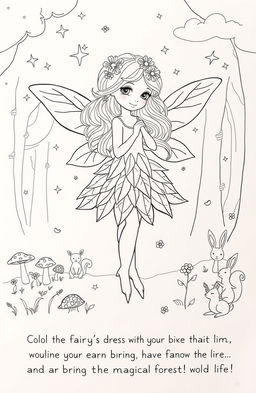 A whimsical fairy coloring page featuring a delicate fairy with translucent wings, surrounded by magical elements like sparkling stars, mushrooms, and tiny flowers
