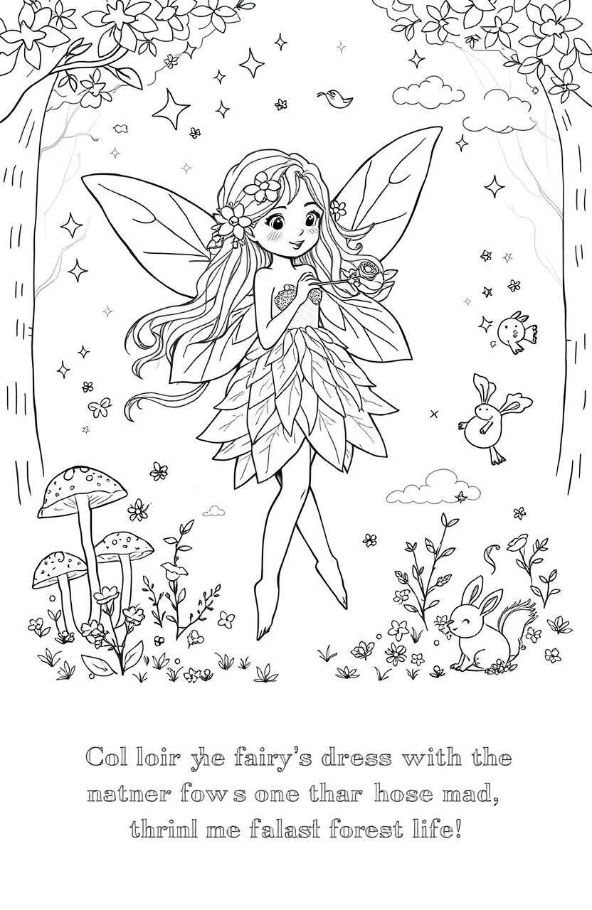 A whimsical fairy coloring page featuring a delicate fairy with translucent wings, surrounded by magical elements like sparkling stars, mushrooms, and tiny flowers