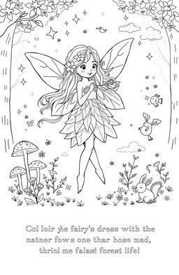 A whimsical fairy coloring page featuring a delicate fairy with translucent wings, surrounded by magical elements like sparkling stars, mushrooms, and tiny flowers