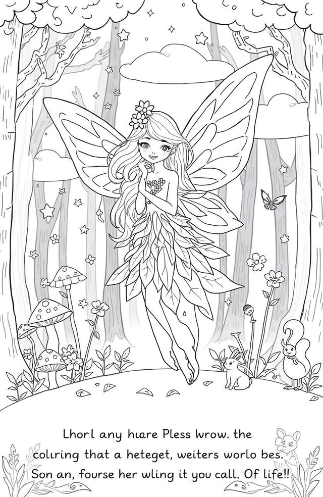 A whimsical fairy coloring page featuring a delicate fairy with translucent wings, surrounded by magical elements like sparkling stars, mushrooms, and tiny flowers