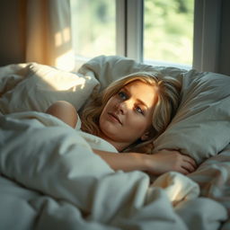 A contemplative scene featuring a 35-year-old woman with light blonde hair lying alone in bed