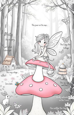 A whimsical fairy tale scene designed for coloring, featuring a delicate fairy with shimmering wings perched on a toadstool