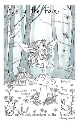 A whimsical fairy tale scene designed for coloring, featuring a delicate fairy with shimmering wings perched on a toadstool