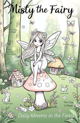 A whimsical fairy tale scene designed for coloring, featuring a delicate fairy with shimmering wings perched on a toadstool