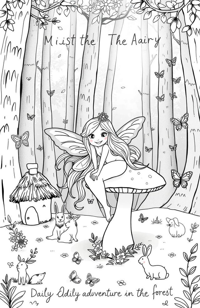 A whimsical fairy tale scene designed for coloring, featuring a delicate fairy with shimmering wings perched on a toadstool