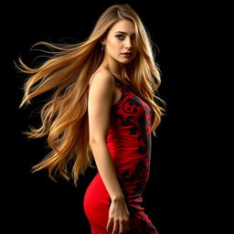 A striking woman with long, flowing hair wearing a captivating red dress that features intricate black prints