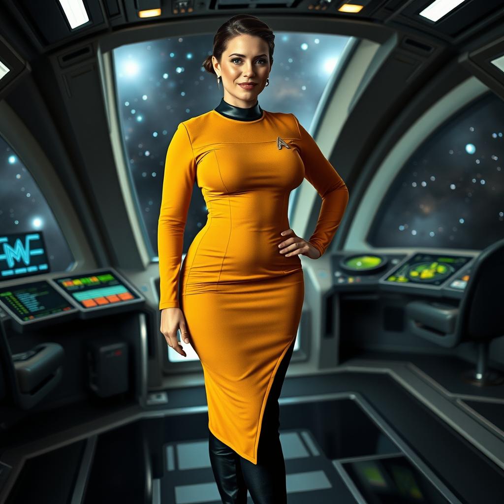 A voluptuous woman wearing a fitted mustard Star Trek tunic styled as a skirt, with black tights and sleek black boots, and a stylish black collar