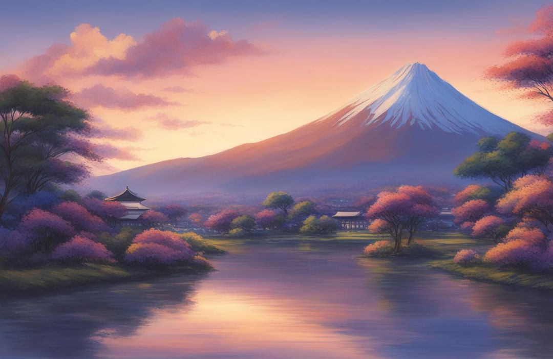 An ultra-detailed, high-definition impressionistic painting of Arakurayama Sengen Park at sunset, in the style of Makoto Shinkai