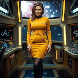 A voluptuous woman wearing a fitted mustard Star Trek tunic styled as a skirt, with black tights and sleek black boots, and a stylish black collar